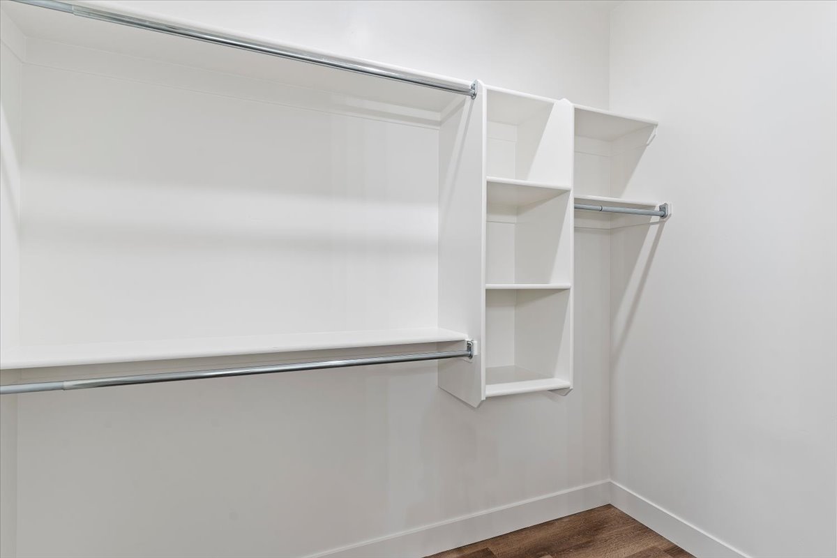 Walk in closet with dark wood finished floors