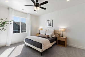 Bedroom with carpet, a ceiling fan, and recessed lighting