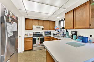 Kitchen with stainless steel appliances, wood finish cabinets, light countertops, a peninsula, and recessed lighting