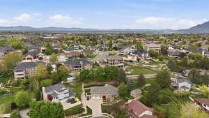 Aerial view of residential area with mountains