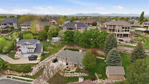 Aerial perspective of suburban area with mountains