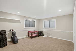 Interior space featuring carpet flooring and recessed lighting