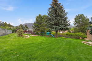 View of yard with a mountain view and a playground