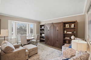 Living room featuring a textured ceiling, ornamental molding, and carpet floors