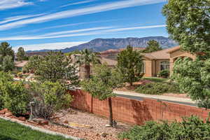 Fenced yard featuring a mountain view