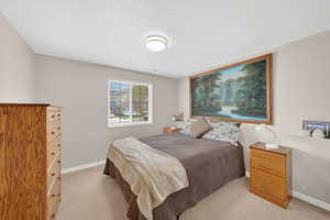 Bedroom featuring baseboards and light carpet