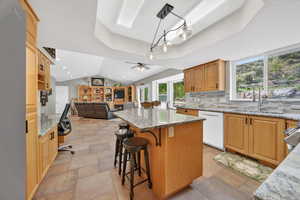Kitchen featuring light stone counters, open floor plan, a center island, a tray ceiling, and tasteful backsplash