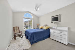 Bedroom featuring lofted ceiling and light colored carpet