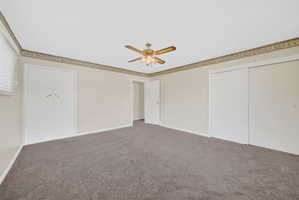 Unfurnished bedroom featuring carpet, ceiling fan, and a closet