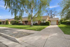 Single story home featuring a front yard, brick siding, an attached garage, and concrete driveway