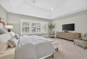 Bedroom featuring light carpet, a tray ceiling, and recessed lighting