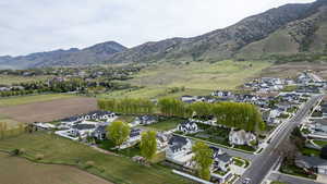 Aerial view of residential area with mountains