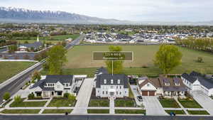 Aerial view of residential area with mountains