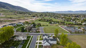 Aerial perspective of suburban area featuring mountains