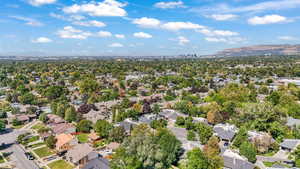 Aerial view of residential area with mountains