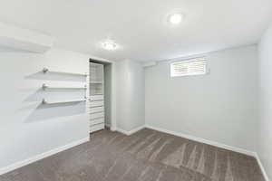 Basement featuring dark colored carpet and a textured ceiling
