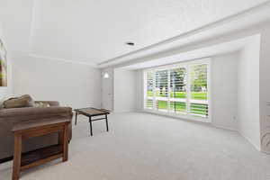 Living room with light carpet and a textured ceiling