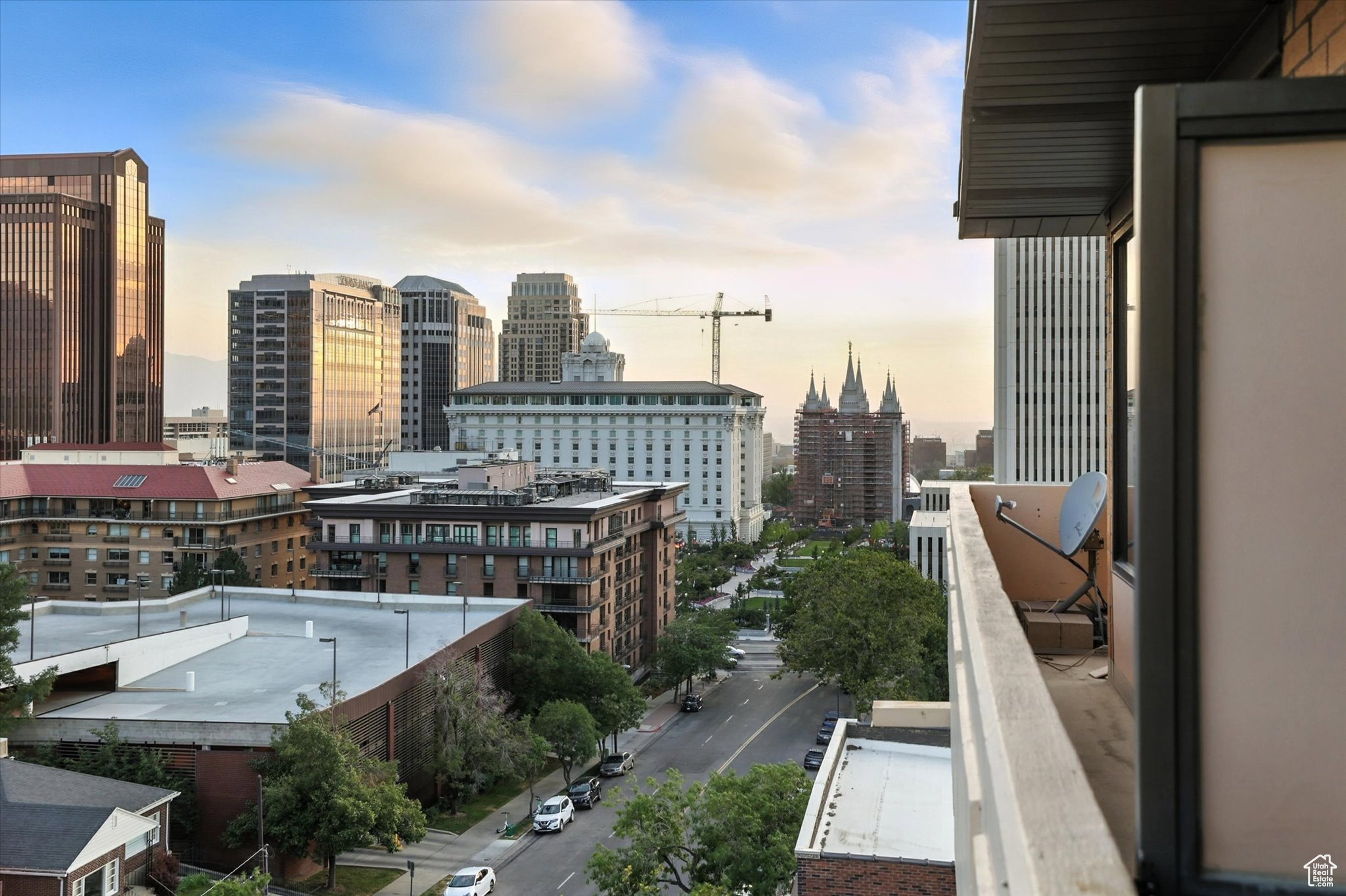 City view from the roof top deck showing the Salt Lake City LDS Temple