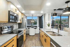 Kitchen featuring stainless steel appliances, hanging light fixtures, and light cabinets