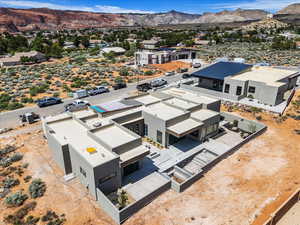 Aerial view of residential area with mountains