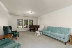 Living area with light colored carpet and ornamental molding