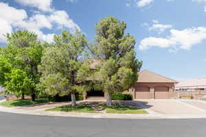 View of property hidden behind natural elements featuring driveway, an attached garage, and brick siding