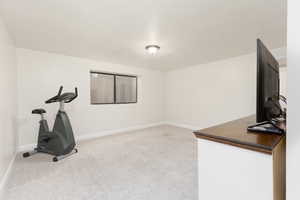 Workout room featuring baseboards and light carpet
