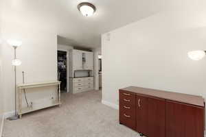 Bedroom featuring a spacious closet, light colored carpet, and ensuite bathroom