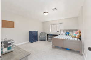 Bedroom with light carpet and baseboards