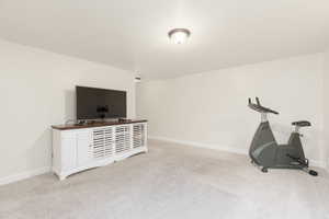 Workout area featuring light colored carpet and baseboards