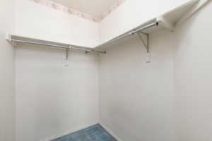 Walk in closet featuring dark colored carpet