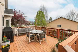 Wooden terrace with outdoor dining area and a grill