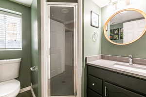 Full bath with vanity and a shower stall