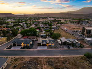 Aerial view at dusk of a mountain view and a residential view