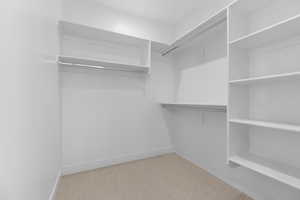 Walk in closet featuring light carpet