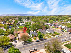 Aerial view of residential area with a mountain backdrop
