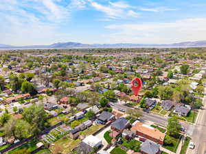 Aerial perspective of suburban area featuring mountains