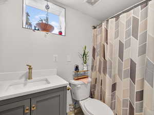 Bathroom featuring vanity and curtained shower