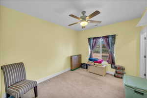 Sitting room with carpet and ceiling fan