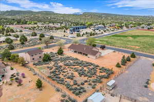 Aerial view of residential area featuring a mountainous background