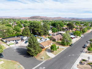 Aerial perspective of suburban area with mountains
