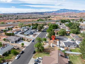 Aerial view of residential area with mountains