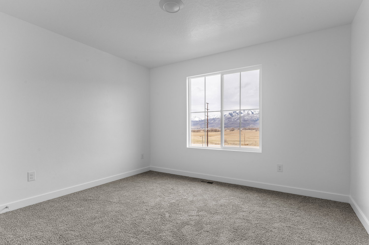 Carpeted empty room with baseboards and a mountain view