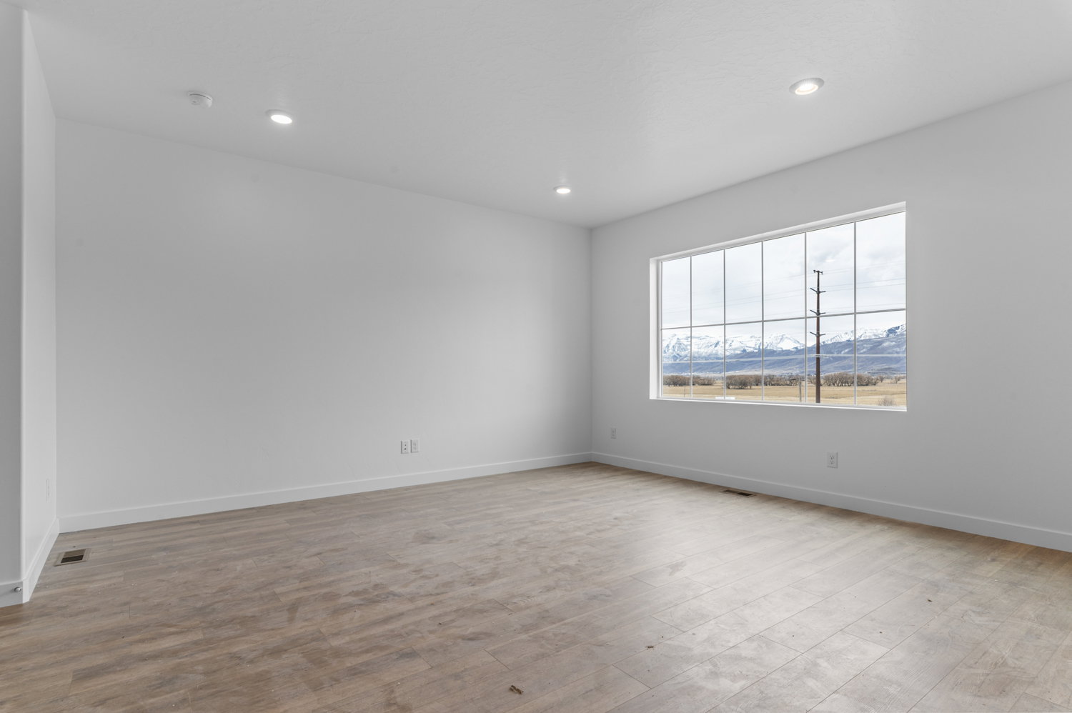 Spare room featuring light wood-style floors, a mountain view, and recessed lighting