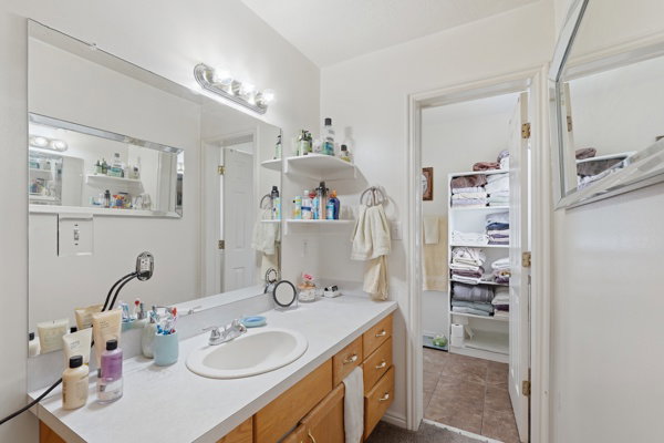 Bathroom with vanity and a closet