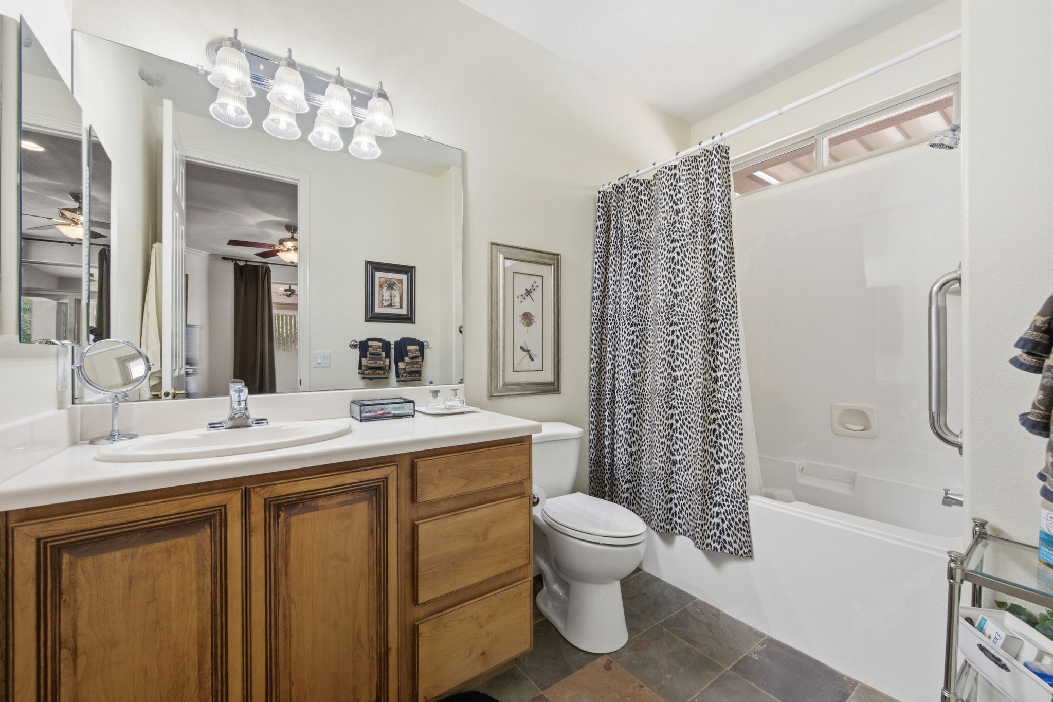 Full bath with vanity and shower / bathtub combination with curtain