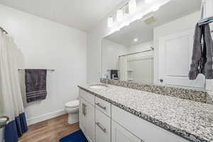 Full bathroom featuring vanity, curtained shower, and light wood-type flooring
