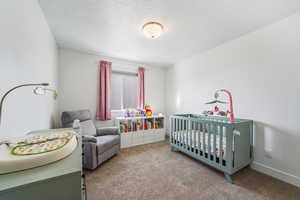 Carpeted bedroom featuring a nursery area and a textured ceiling