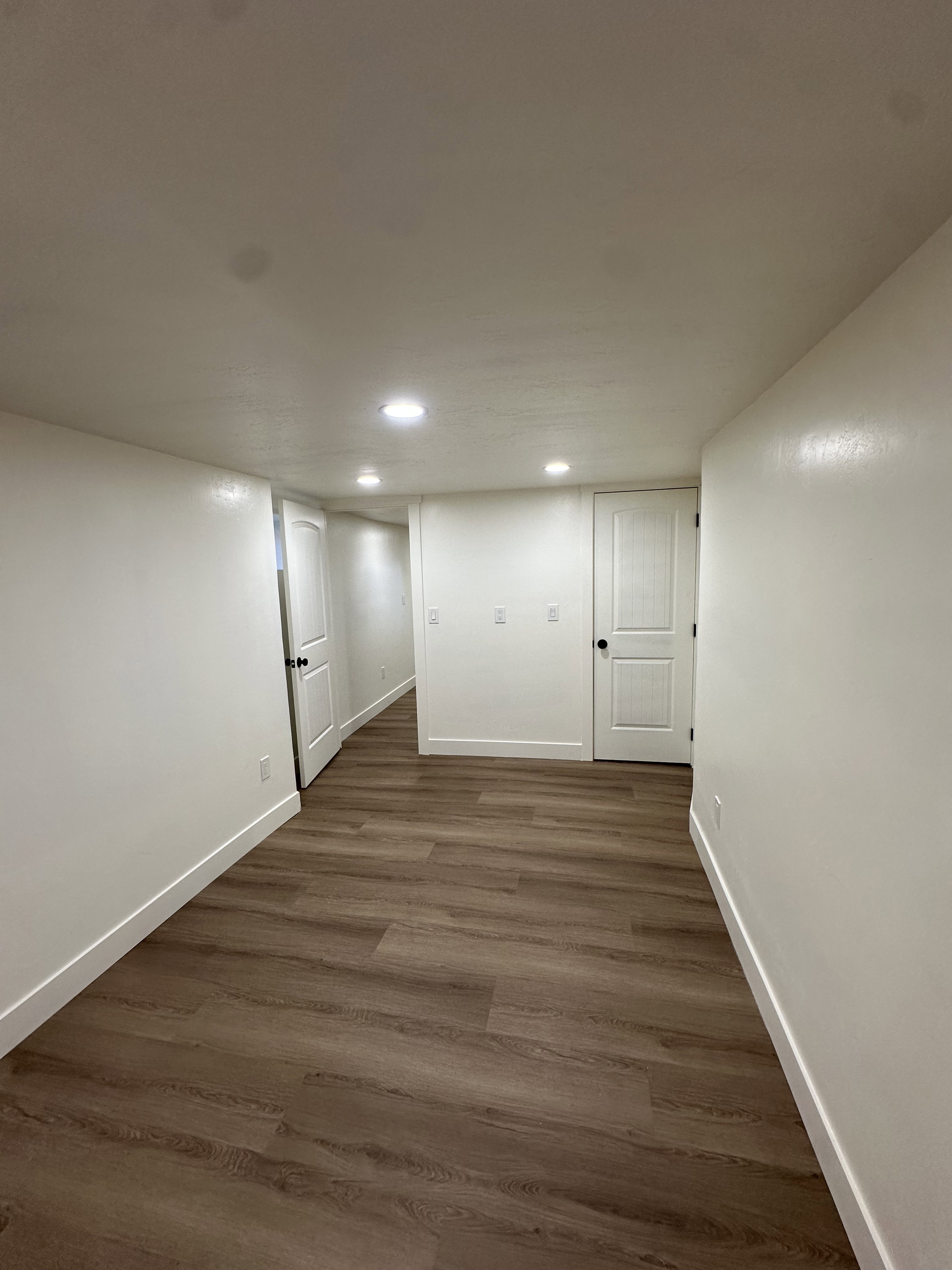 Finished basement with dark wood-style flooring and recessed lighting