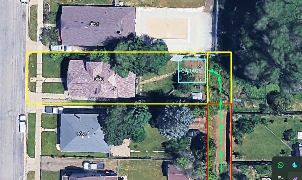 Aerial Property Map. Displaying the outline of the property, room for a future 2 car garage and rear access from alleyway.